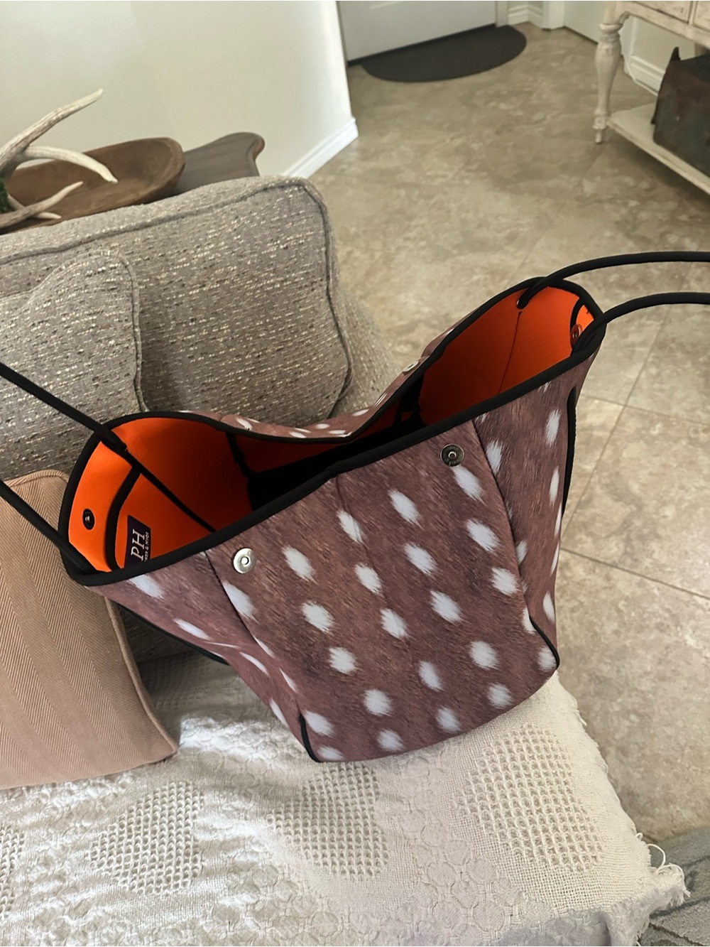 Parker & Hyde Brown Spotted Tote Bag with Orange Interior and Clutch